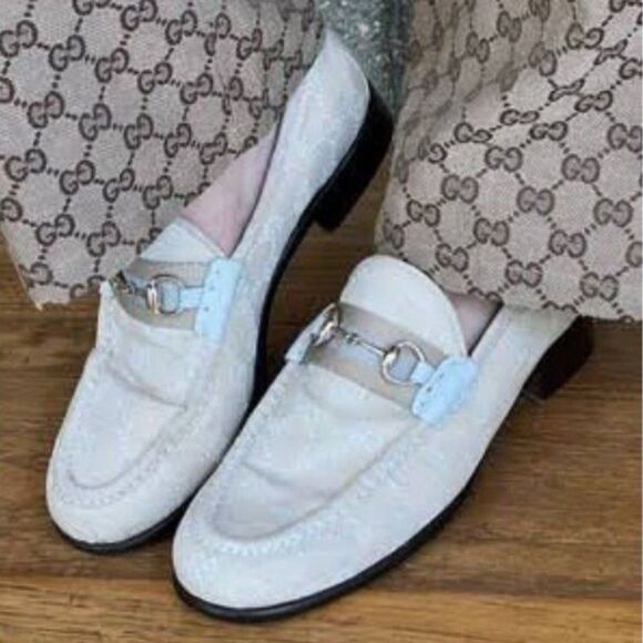GUCCI Women's Tan Monogram GG Logo Canvas Horsebit Loafers Size 7 - Picture 1 of 13